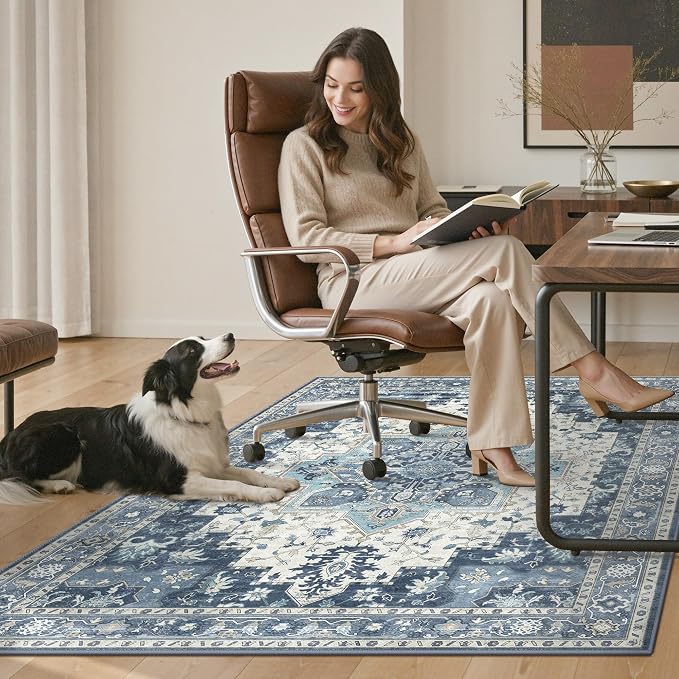 48"x60" Office Chair Mat for Hardwood Tile Floor, Under Desk Carpet Protector for Rolling Computer Chair Mat, Machine Washable Area Rug, Anti-Slip 1/5" Thick Low Pile Thin Vinyl Floor Mat, Navy