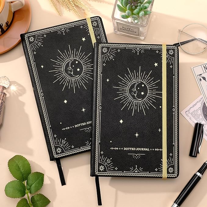 Artfan Dotted Journal/Notebook - Dot Grid Hard Cover Notebook, Premium Thick Paper with Fine Inner Pocket, Black Smooth Faux Leather, Pen Loop, 5.8''×8.4'' - Black