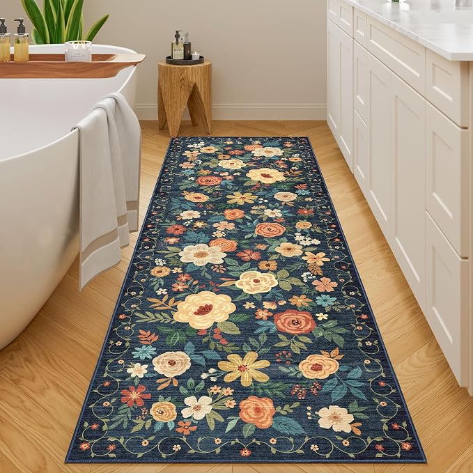 DUKINO Runner Rug, 2x10 Kitchen Hallway Carpet, Washable with Non-Slip Backing, Low Pile Soft Boho Floral for Entryway, Laundry, Bedroom, Dark Blue