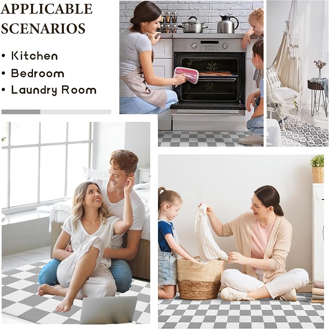 Grey Checkered Grid Checkerboard Kitchen Rug Sets [2 PCs], Anti-Fatigue, Waterproof Non-Slip Kitchen Mats Heavy Duty Ergonomic Comfort Foam Rug for Floor, Home, Laundry,17"x29"+17"x47"