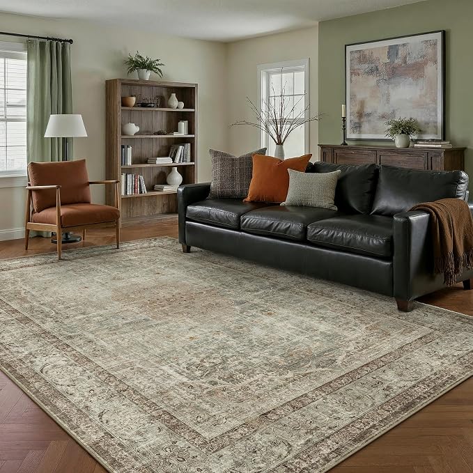 PureCozy Sage Area Rug 5x7 for Living Room Washable Vintage Carpet Low Pile Non Slip Distressed Soft Traditional Retro Oriental Large Accent Throw Rug Office Kitchen Bedroom Dining Room