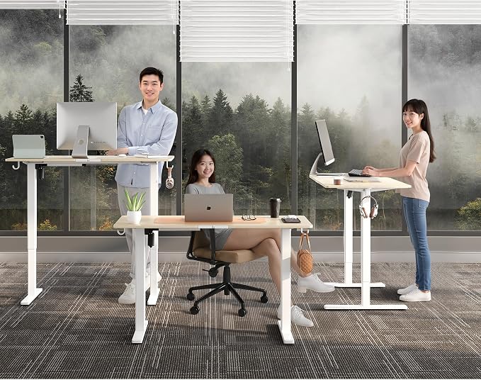 40 x 24 Inch Height Adjustable Standing Desk, 3 Presets, Natural | 40 x 24 in Desktop, 28.3–46.5 in Height, 2+3 Controls, ≤45 dB, 154 lb Capacity, 2 Hooks