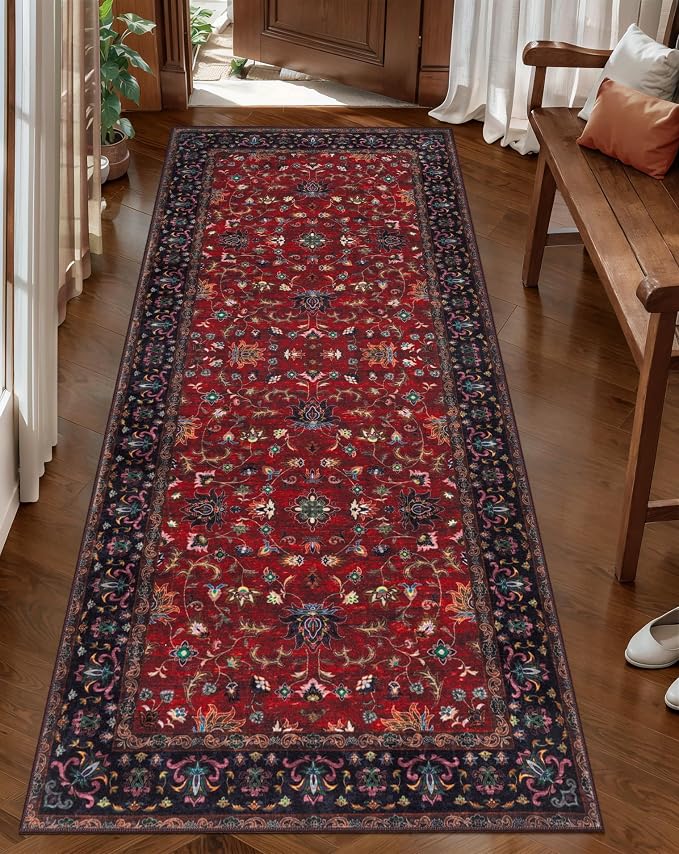 Tangsoo 2x6 Washable Runner Rugs for Hallways Non Slip, Vintage Floral Boho Runner Rug for Entryway Indoor, Red Print Carpet Runner, Soft Low Pile Rug Runner for Kitchen Bedroom