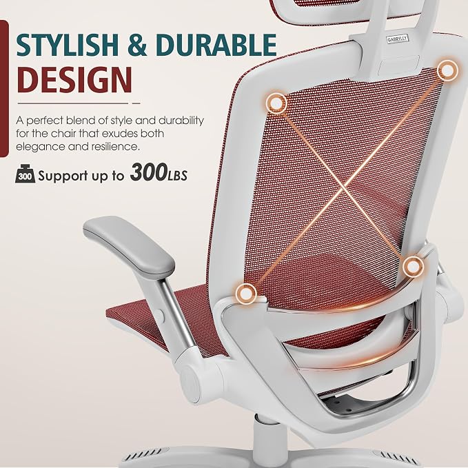 GABRYLLY Ergonomic Office Chair, High Back Home Desk Chair with Headrest, Flip-Up Arms, 90-120° Tilt Lock and Wide Cushion, 300LBS Mesh Chairs for Man Woman, White Task Chair(Red,GY01WR)