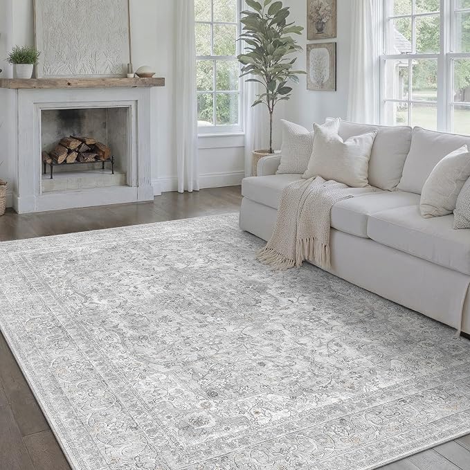 PureCozy Gray Area Rug 8x10 for Living Room Washable Vintage Carpet Low Pile Non Slip Distressed Soft Traditional Retro Oriental Large Grey Accent Throw Rug Office Bedroom Dining Room Playroom
