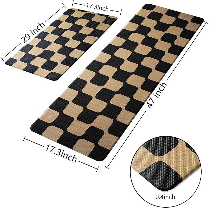 Black Brown Retro Curvy Checkered Grid Checkerboard Kitchen Rug Sets [2 PCs], Anti-Fatigue, Waterproof Non-Slip Kitchen Mats Heavy Duty Comfort Foam Rug for Floor, Home, Laundry,17"x29"+17"x47"