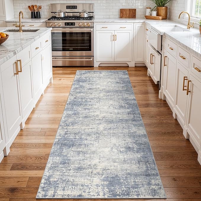 3x10 Hallway Washable Runner Rug - Non-Slip Kitchen Rugs with Rubber Backing Abstract Neutral Low-Pile Carpet Runners for Laundry Room Home Decor Bedroom Bathroom Entryway (Blue Gray,3x10)