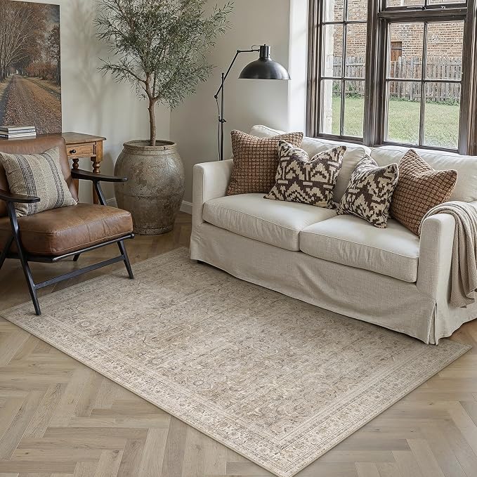 HUGEAR 3x5 Entryway Area Rug Vintage Beige Small Rug Machine Washable Door Mat Retro Floral Low Pile Carpet Vacuumable Distressed Throw Rug Entrance Kitchen Bedroom Bathroom Non Slip Lightweight