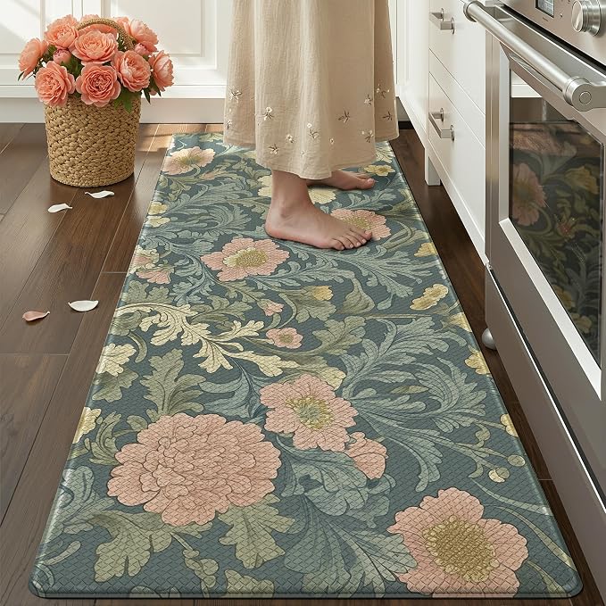 Color&Geometry Natural Floral Kitchen Floor Mat 24x59 Anti Fatigue, Green | 0.4in Thick Cushioned Standing Mat For Cooking/Working/Laundry, Flower Home Decor, Non Slip PVC Kitchen Rug, Oil/Water Proof