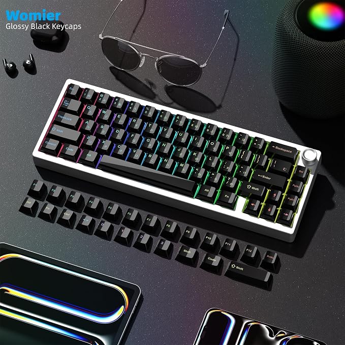 Womier Black Keycaps for Mechanical Keyboard, Ceramic Style Keycaps Set, Glossy Cherry Profile Custom Key caps with Color Character for 60 75 100% Mechanical Keyboards with Cherry/Gateron MX Switches
