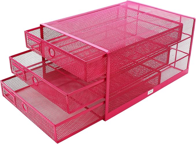 Exerz Paper Sorter 3 Drawer Wire Mesh A4 / Desk Multifunctional Desk Organiser/Multi-Layer Letter Tray - for Documents, Magazines, Notebooks and Letter (Pink)