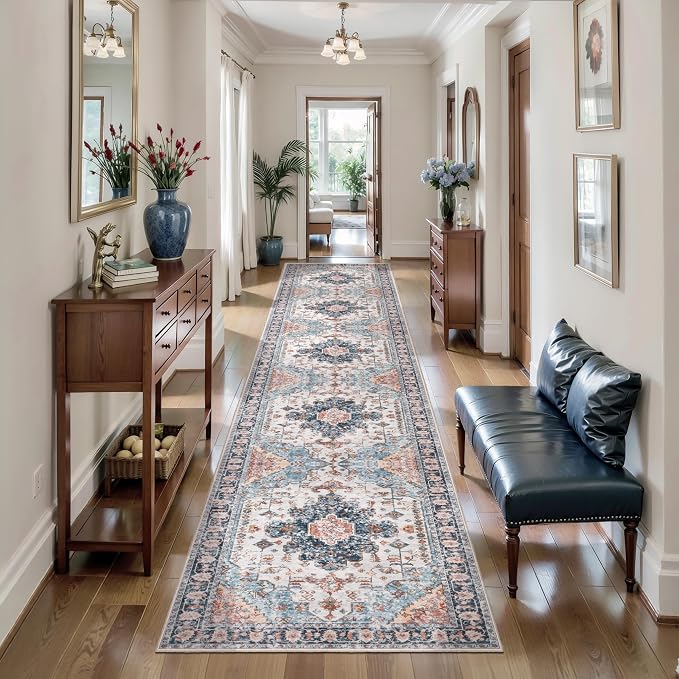 Tangsoo Hallway Runner Rugs 2.6x12 Washable Runner Rug for Hallways, Non Slip Vintage Soft Low Pile Long Rugs Runner, Oriental Carpet Runners for Kitchen Bedroom Entryway Living Room Blue/Orange