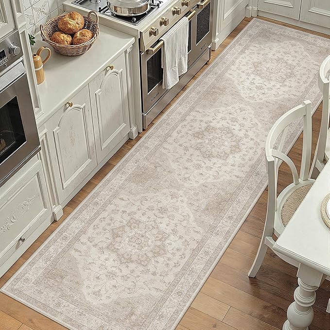 PureCozy Beige Runner Rug 2'6"x12' Washable Vintage Carpet Hallway Kitchen Soft Retro Low Pile Thin Indoor Bedroom Non Slip Oriental Medallion Long Throw Rug for Bathroom Laundry Dining Room
