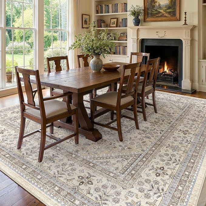 Puino 12x12 Square Area Rug - Washable Oriental Large Rugs for Living Room Soft Non-Slip Backing Indoor Carpet for Bedroom Low Pile Stain Resistant Floor Mat for Dinning Room Home Decor Beige/Gray