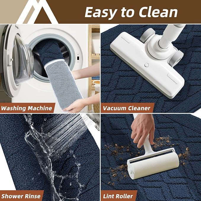 COSY HOMEER 60x24Inch/35X24Inch Kitchen Rugs Sets Non-Slip Washable Kitchen Mats for Floor Polypropylene Absorbent Kitchen Runner for Kitchen Sink Hallway Entryway(Navy Blue)
