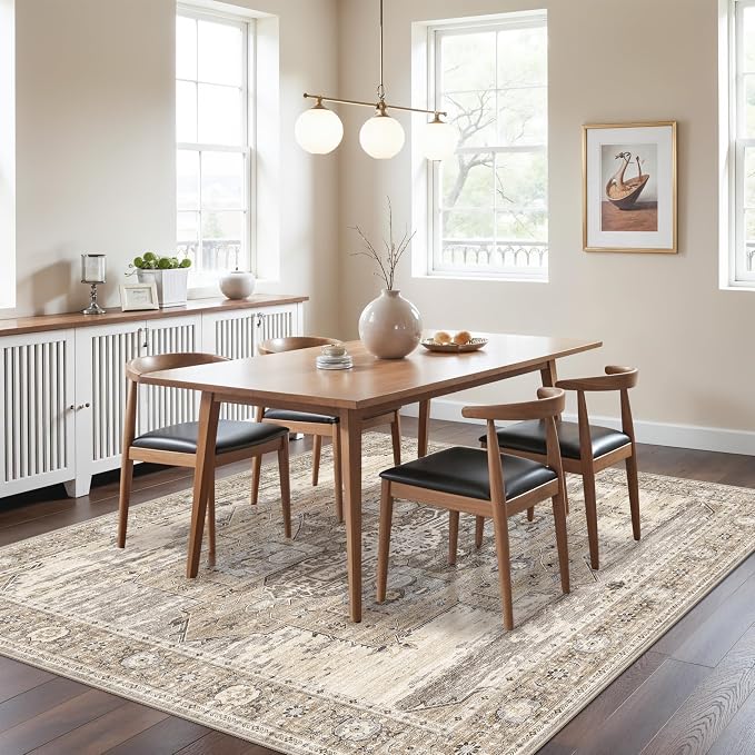 RUUGME Dining Room Rugs for Under Table - Washable Living Room Area Rug Stain Resistant Carpet Vintage Lightweight Ultra-Thin Rugs for Bedroom Kitchen with Non Slip Backing Home Decor 6x6 Beige