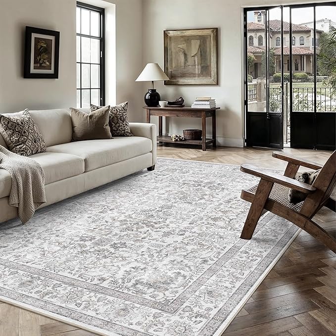 6x9 Gray Washable Area Rugs for Living Room Non Slip Low Pile Vintage Boho Throw Rug Soft Retro Distressed Floral Large Carpet Indoor Farmhouse Decor for Bedroom Dining Room Office Kitchen Playroom