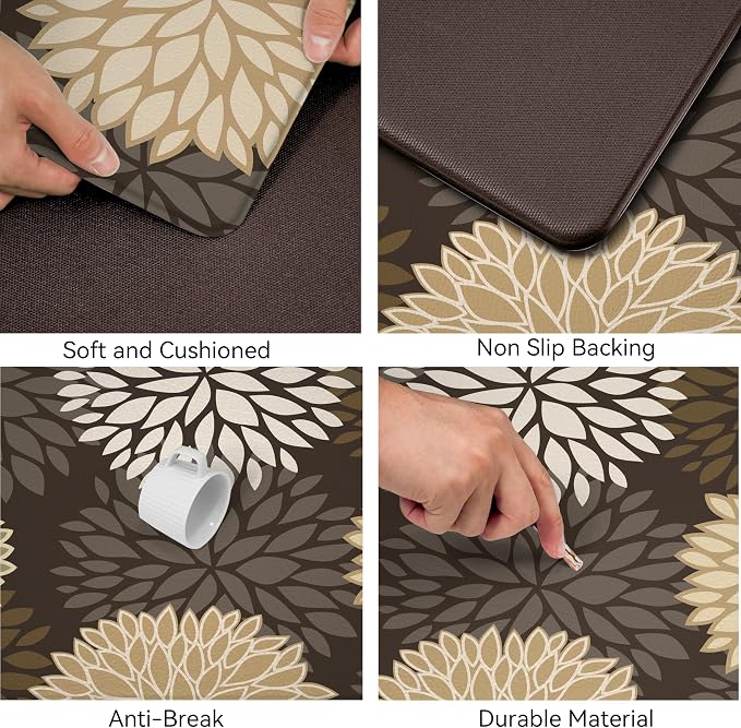 Kitchen Mats Set of 2 Cushioned Anti Fatigue Kitchen Rugs Non Slip Waterproof Kitchen Runner Memory Foam Floor Mat Comfort Standing Mat for Sink,Office,Laundry, Dark Brown