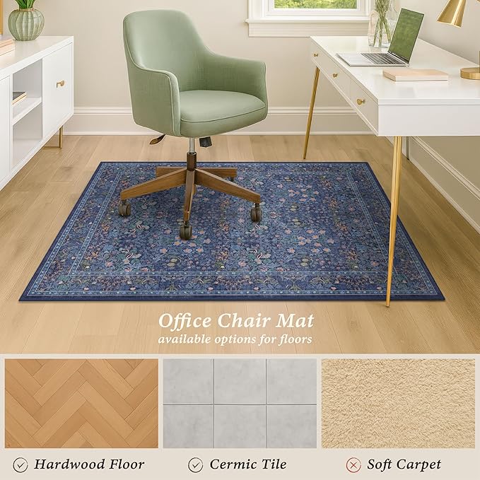 Dark Blue Office Chair Mat for Hardwood Floors, Tile Floor Protector for Heavy Duty Office Chairs, Under Desk Carpet with Anti-Slip & Stain Resistant, Ultra Soft Low Pile Washable Area Rug, 4x5