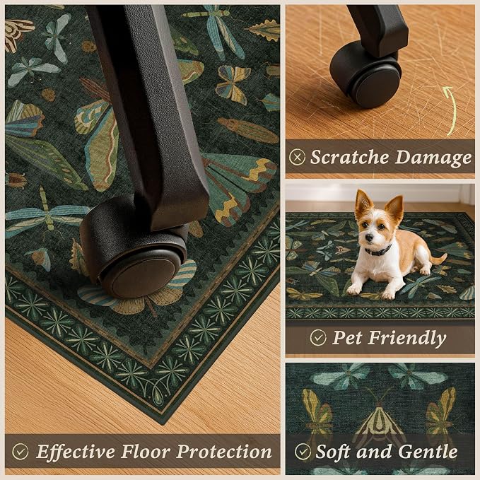 3'x4' Dark Green Office Chair Mat for Hardwood Floors, Insect Boho Design,Non-Slip Low Pile Desk Rug, 36"x48" Small Area Rug for Computer Desk Home Office, Machine Washable WFH Essential for Dorm Room