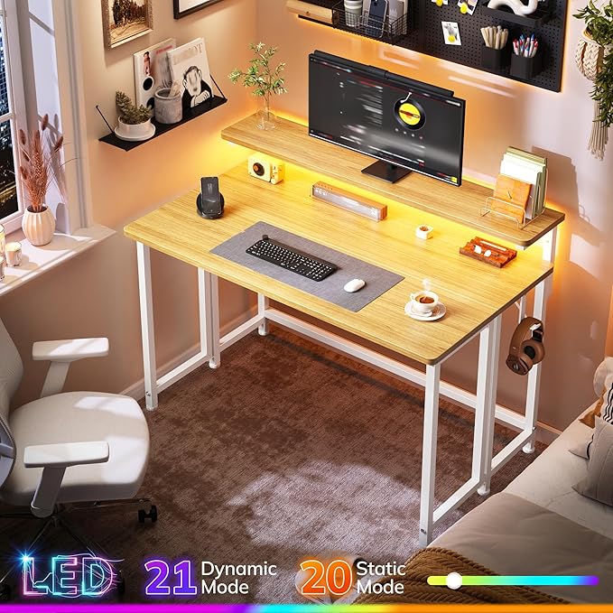 Folding Desk,Foldable Computer Desk with Monitor Stand,39.4 Inch Gaming Desk with LED Lights & Hooks,Space Saving Sofa Table for Couch,Home Office Desk for Bedroom Living Room,Oak