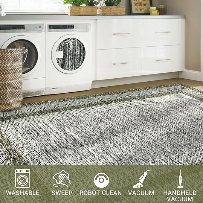 GarveeHome Modern Geometric Area Rug 4x6 Distressed Bordered Washable Non Slip Floor Carpet Non Shedding Thin Soft Low Pile Contemporary Green Rug for Dining Room, Living Room