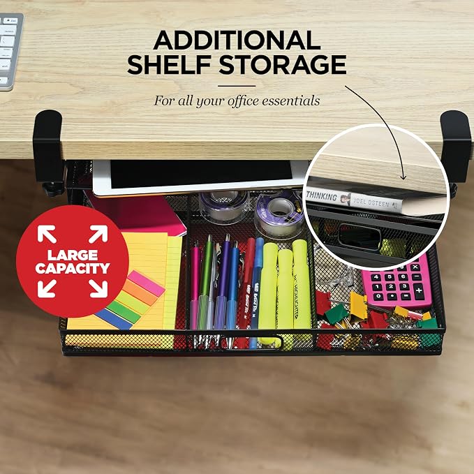 Under Desk Drawer Organizer Clamp-On, Mesh Metal Attachment, 1 Drawer Slide Out, On or Under Desk Organizer for Office Supplies & Home Essentials
