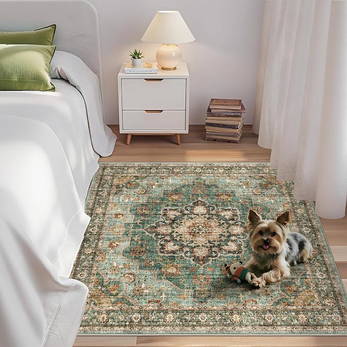 TOPRUUG Green Washable Entry Rug - 4x4 Area Rugs for Kitchen Bedroom Bedside Bathroom Entryway Non Slip with Rubber Backing Low Pile Ultra Soft Stain Resistant Small Carpet (Green, 4x4)
