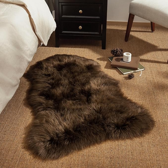 Ashler Faux Fur Rug, Fluffy Shaggy Area Rug, Ultra Soft 2 x 3 Feet Sheepskin Fur, Dark Coffee Fuzzy Machine Washable Shag, Nursery Decor Throw for Bedroom, Living Room, Kids Room