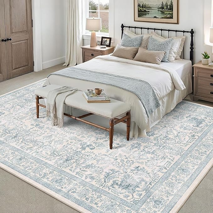 9x12 Blue Washable Area Rugs for Living Room Non Slip Low Pile Vintage Boho Throw Rug Soft Retro Distressed Floral Large Carpet Indoor Farmhouse Decor for Bedroom Dining Room Office Kitchen Playroom