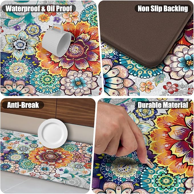 Floral Kitchen Rugs Mats for Floor 2 Piece Flowers Anti Fatigue Kitchen Mats Non Slip Cushioned Comfort Standing Mat for Sink, Office, Laundry, 17.3x28+17.3x47 Inch