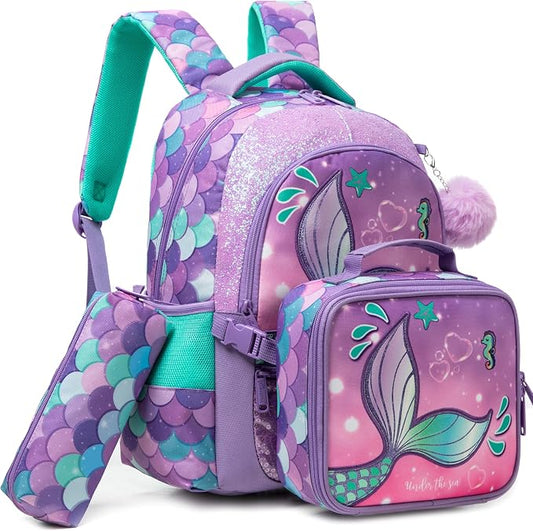 Meetbelify Mermaid Backpacks for Girls School Bag Cute Girls Backpacks Ages 8-10 with Lunch Box Kids Bookbag Set Travel Backpack for Elementary Students Backpack to School Supplies
