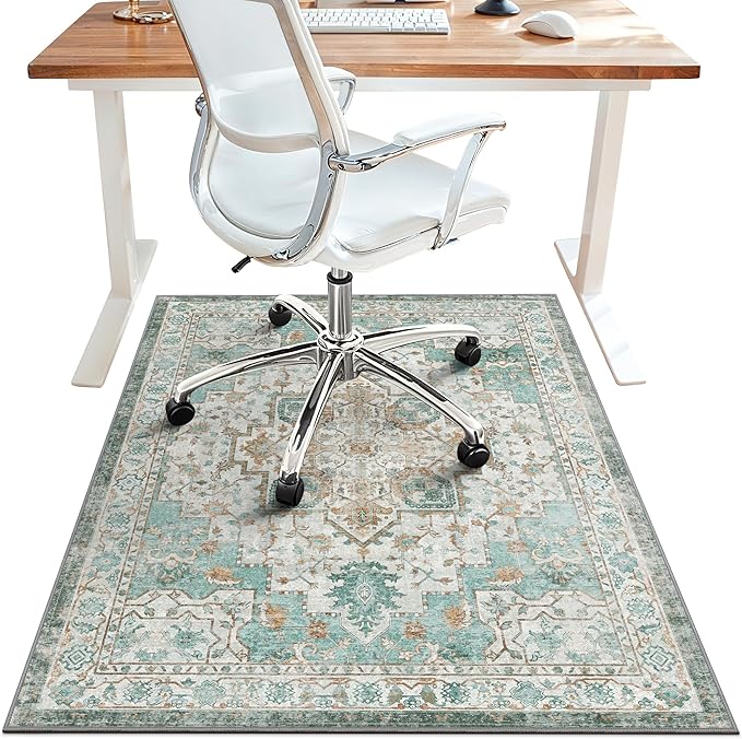 36"x60" Office Chair Mat for Hardwood Tile Floor, Under Desk Carpet Protector for Rolling Computer Chair Mat, Machine Washable Area Rug, Anti-Slip 1/5" Thick Low Pile Thin Vinyl Floor Mat, Cyan