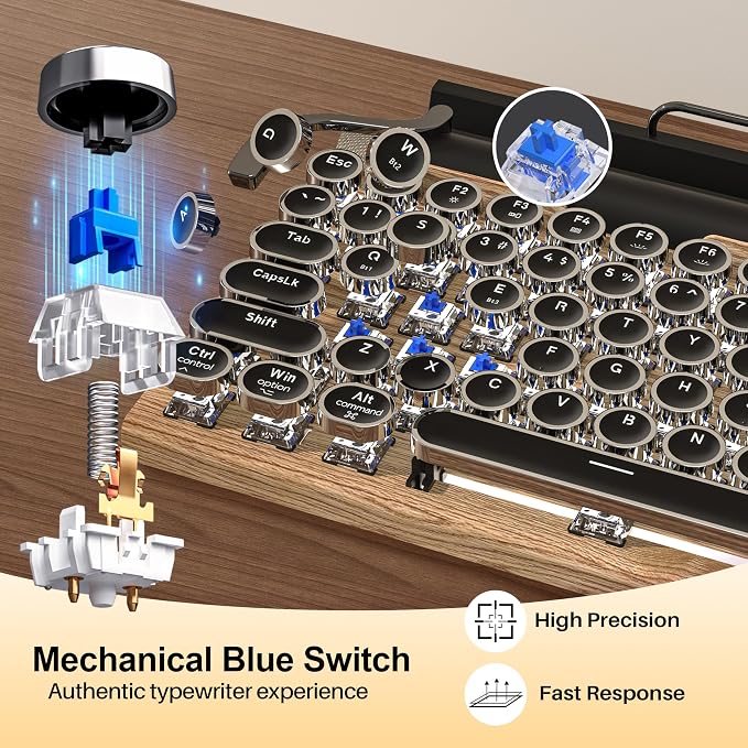 Retro Typewriter Keyboard, Wireless Mechanical Gaming Keyboard, 83-Key Hot Swap Blue Switches Punk Keycap Office Computer Vintage Keyboards with USB-C/BT5.0 for PC/Laptop/Pad/Phone, LED Backlit, Wood