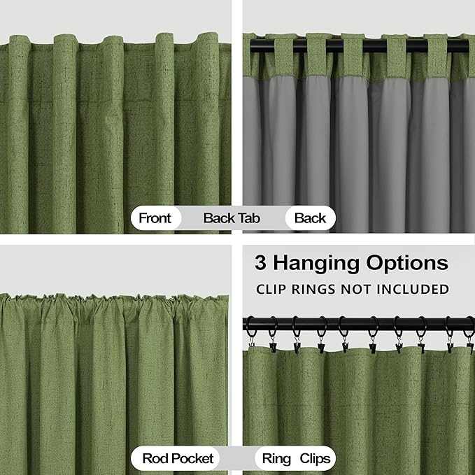 KOUFALL Bathroom Window Curtains, Boho Vintage Retro Decor Short Linen Blackout Curtains for Bedroom Kitchen, Moss Olive Green