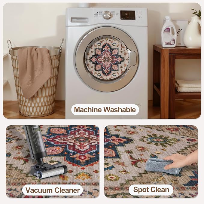Tangsoo 2.6x10ft Hallway Runner Washable Runner Rug for Hallways, Non Slip Vintage Soft Low Pile Long Rug Runner, Oriental Carpet Runners for Kitchen Bedroom Entryway Living Room Beige/Blue