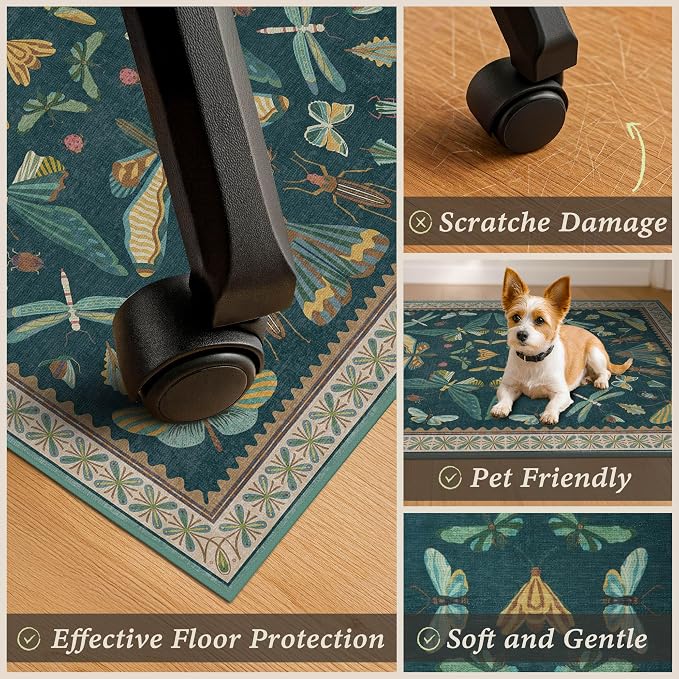 4'x5' Teal Office Chair Mat for Hardwood Floors, Insect Boho Design,Non-Slip Low Pile Desk Rug, 48"x60" Small Area Rug for Computer Desk Home Office, Machine Washable WFH Essential for Dorm Room