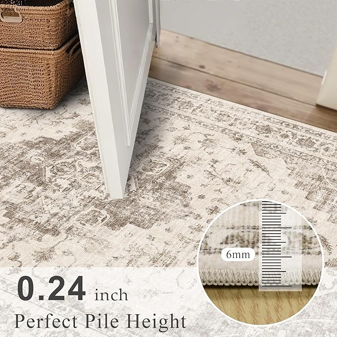 2.6x8 Taupe Vintage Runner Rug Hallway Washable Area Rugs Non Slip Boho Medallion Long Rug Distressed Retro Carpet Floral Soft Low Pile Indoor Throw Rug for Kitchen Bedroom Bathroom Dining Room Office