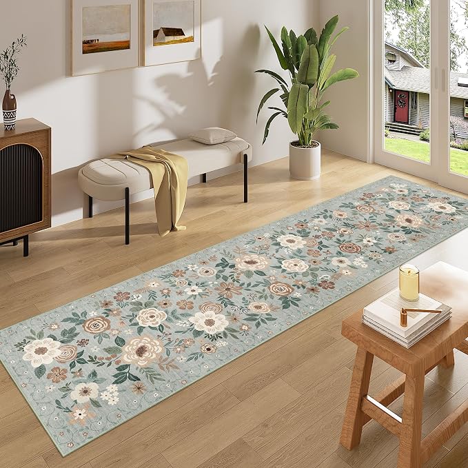 DUKINO Runner Rug, 2x10 Kitchen Runner Rug for Hallway with Non Slip Backing, Washable Low Pile Soft Boho Floral Carpet for Kitchen, Entryway, Hallway, Laundry, Bedroom, Sage Green