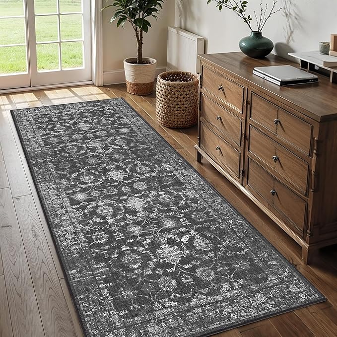 3x7 Black Runner Rug Hallway Washable Area Rugs Kitchen Vintage Boho Non Slip Long Rug Floral Carpet Indoor Retro Soft Low Pile Throw Rug for Bedroom Bathroom Laundry Dining Living Room Office