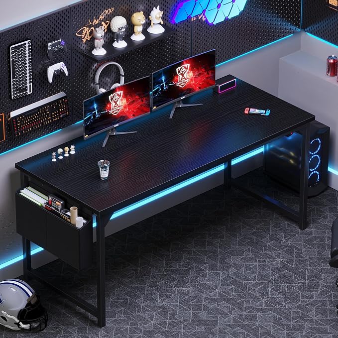 OLIXIS 55 Inch Computer Desk for Home Office, Writing Study Craft Gaming Table, Modern Computer Workstation with Storage Bag and Headphone Hook for Bedroom Small Spaces, Black