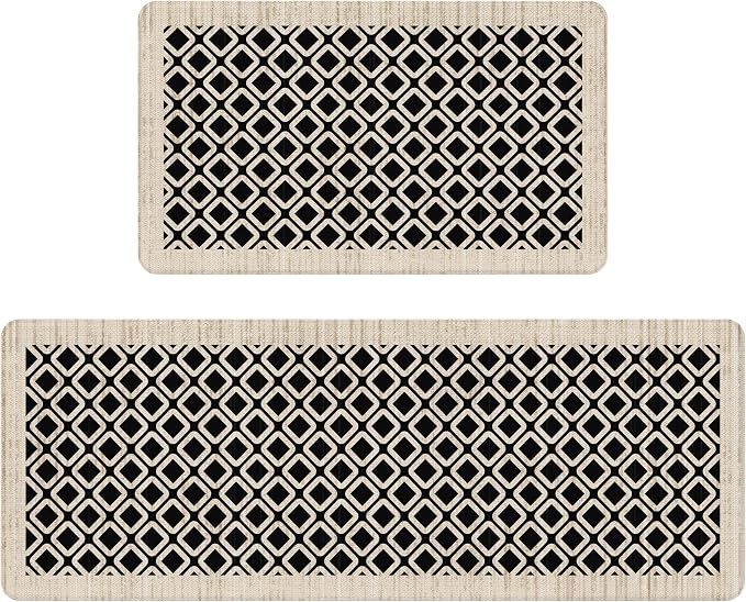 Black Vintage Geometric Elegance Grid Kitchen Rug Sets [2 PCs], Anti-Fatigue, Waterproof Non-Slip Kitchen Mats Heavy Duty Comfort Foam Rug for Kitchen, Floor, Laundry,17"x29"+17"x47"