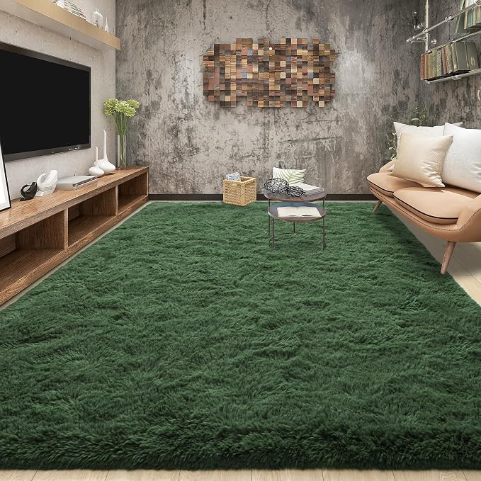 Tepook Fluffy Dark Green Rugs for Living Room Bedroom, 9x12 Soft Area Rug Forest Hunter Green Kids Girls Boys Rug, Indoor Plush Shaggy Non-Slip Carpet for Nursery Classroom Dorm Home Decor