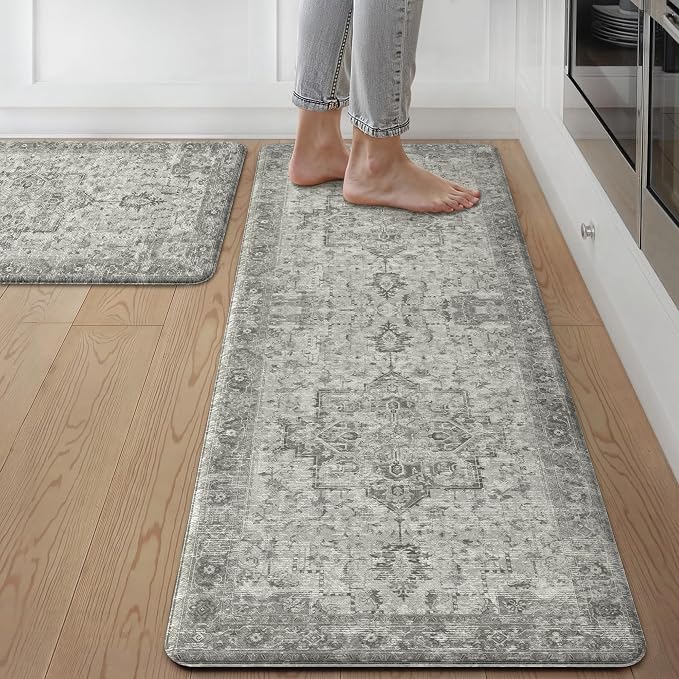 GENIMO Kitchen Mats for Floor 2PCs, Washable Anti Fatigue Mat for Cushioned, 17.3"x47"+17.3"x30", Waterproof Kitchen Rugs, Non Slip Comfort Standing Mat Rug for Home, Sink, Laundry, Stone Gray