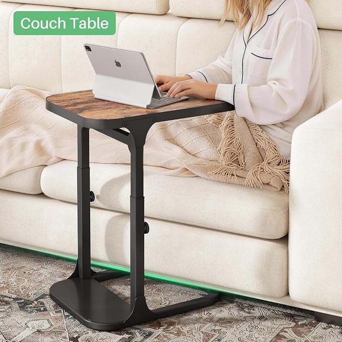 Kitstorack Ultra Stable & Durable End Table, Ajustable Height C Shaped Side Table for Couch, Sofa Side Table with Thickened Metal Frame for Living Room, Bedroom, Rustic