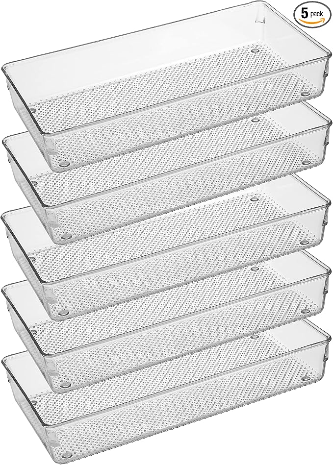 5 Pack Clear Plastic Drawer Organizer Tray Cutlery Utensil Makeups Drawer Silverware Organizers 12" X 6"