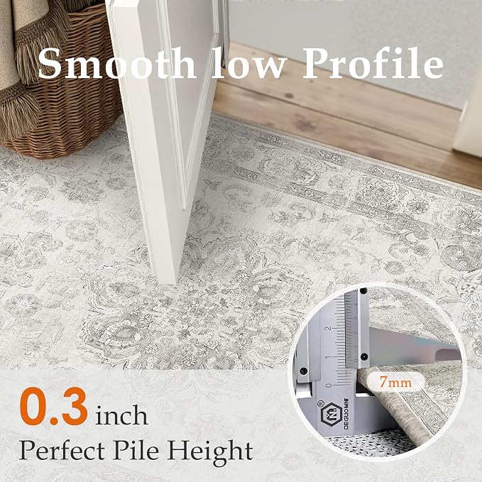 PureCozy Gray Area Rug 6x9 Washable Vintage Living Room Bedroom Carpet Non Slip Soft Low Pile Distressed Medallion Indoor Floor Grey Retro Throw Large Rug for Dining Room Office