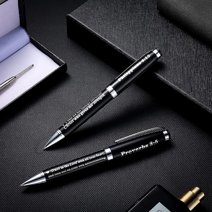 Chinco 2 Pack Christian Gifts Engraved Bible Verse Ballpoint Pens in Matching Gift Case Black Stylish Classic Ballpoint Pens Christian Gifts for Women & Men for Journaling School Office Church
