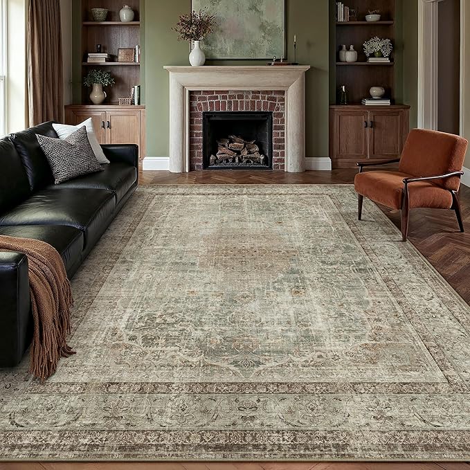 PureCozy Sage Area Rug 9x12 for Living Room Washable Vintage Carpet Low Pile Non Slip Distressed Soft Traditional Retro Oriental Large Accent Throw Rug Office Bedroom Dining Room Playroom