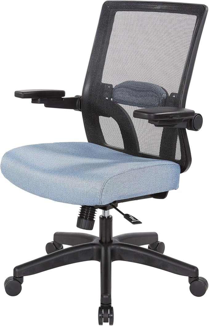 Space Seating 867 Series Adjustable Manager's Chair with Breathable Mesh Back, Lumbar Support and Padded Flip Arms, Blue Fabric Seat with Black Nylon Base
